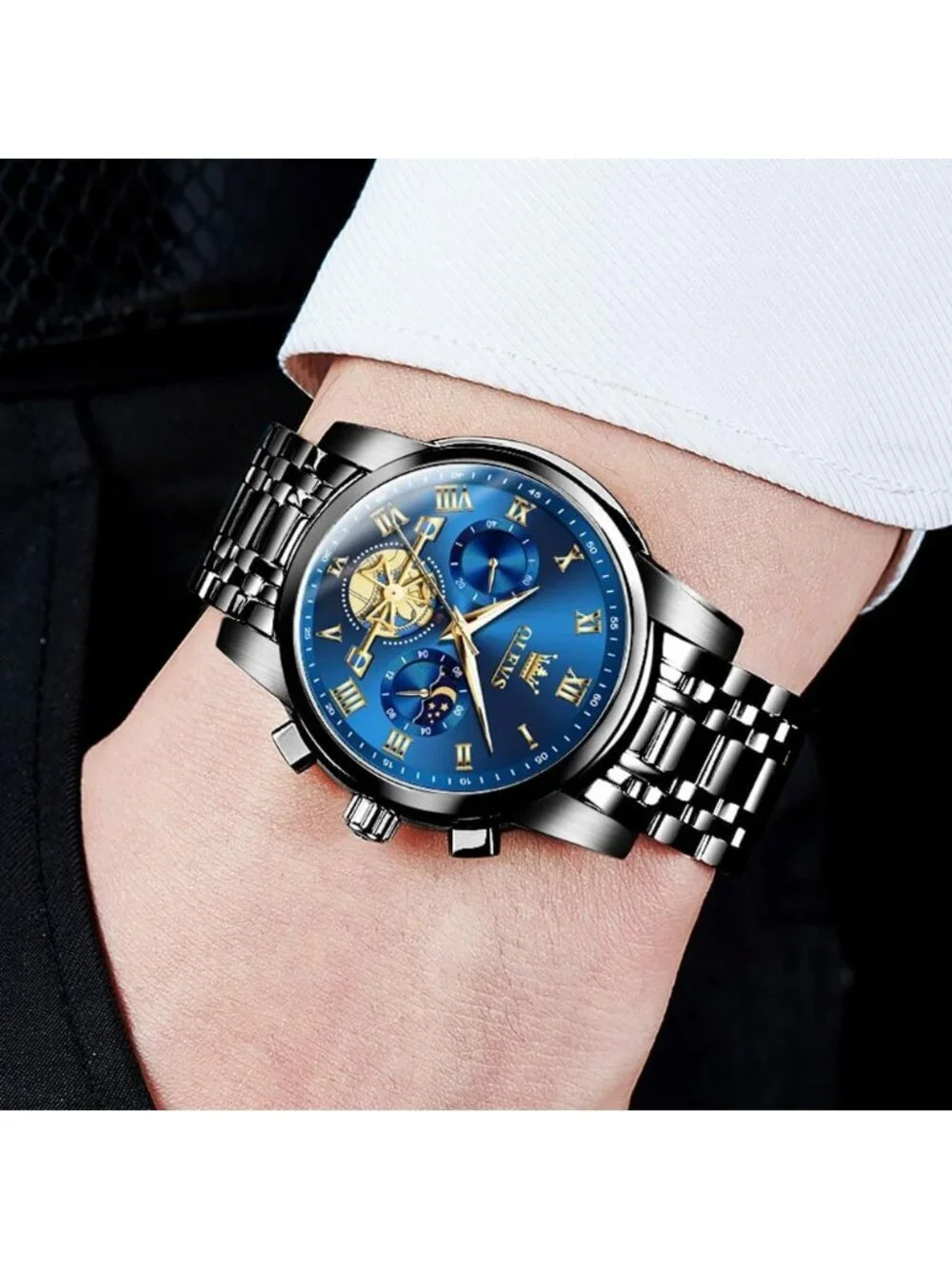 Men's Black Blue Luxury Stainless Chronograph Analog Quartz Waterproof Watch